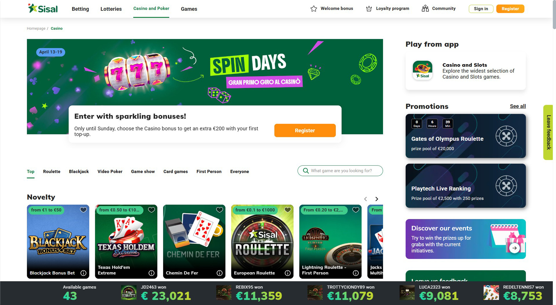 8. Sisal- Bonus popolare del casinò PlayOJO